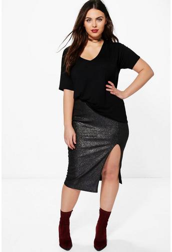 Plus Hayley Metallic Side Split Midi Skirt