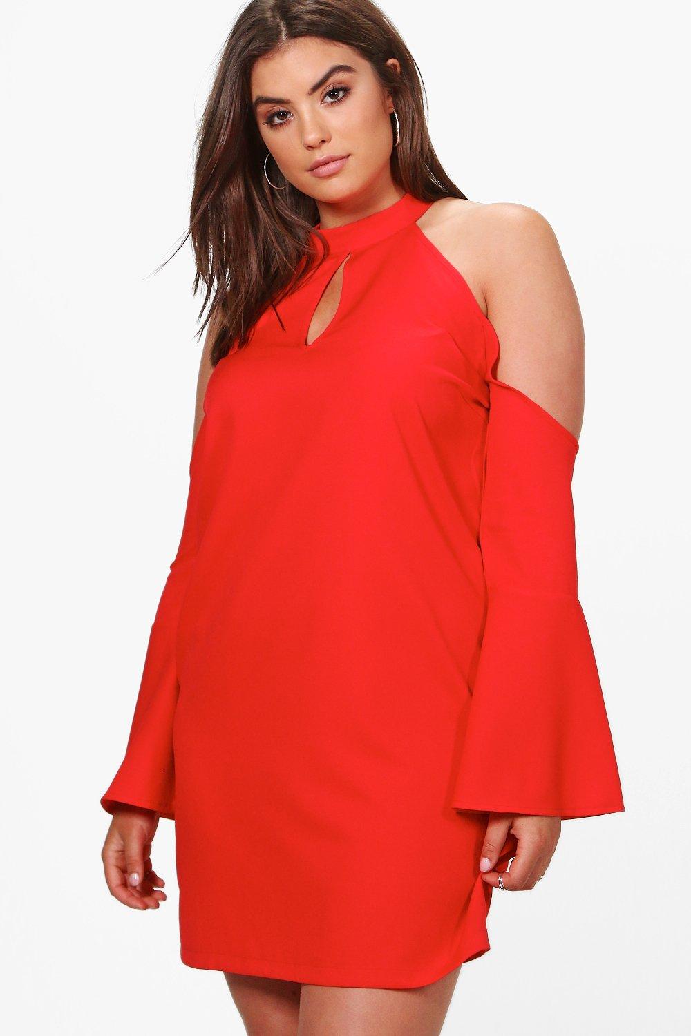 Plus Harriet Open Shoulder Flute Sleeve Shift Dress