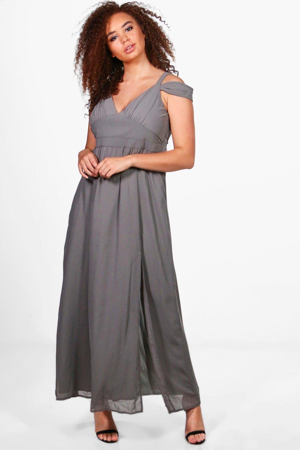 Plus Sara Chiffon Open Shoulder Maxi Dress grey