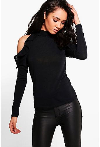 Petite May Cold Shoulder Ruffle High Neck Top