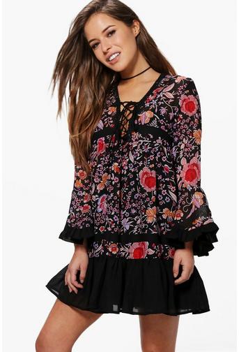 Petite Steph Lace Up Flute Sleeve Printed Dress