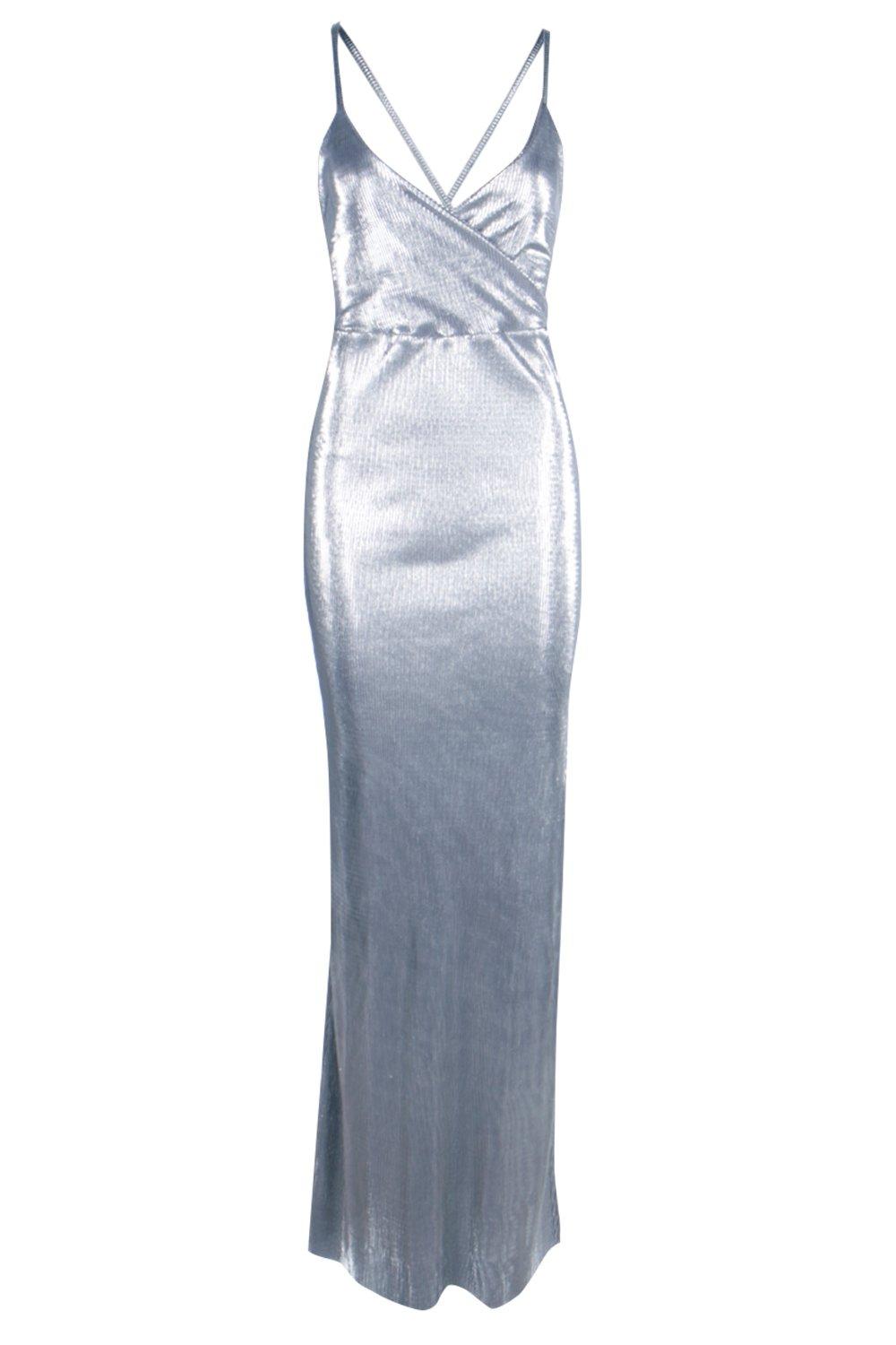 Boohoo Womens Petite Amy Metallic Strappy Thigh Split Maxi Dress in Silver size | eBay