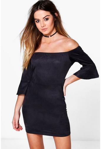 Petite Ida Suedette Frill Sleeve Bardot Mini Dress