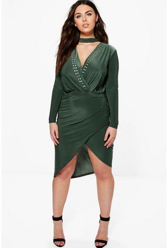 Plus Lana Wrap Front Stud V Neck Midi Dress