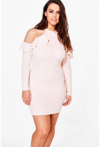 Plus Ava Crepe Ruffle High Neck Bodycon Dress