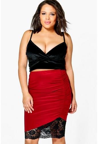 Plus Caitlin Slinky Ruched Lace Hem Midi Skirt