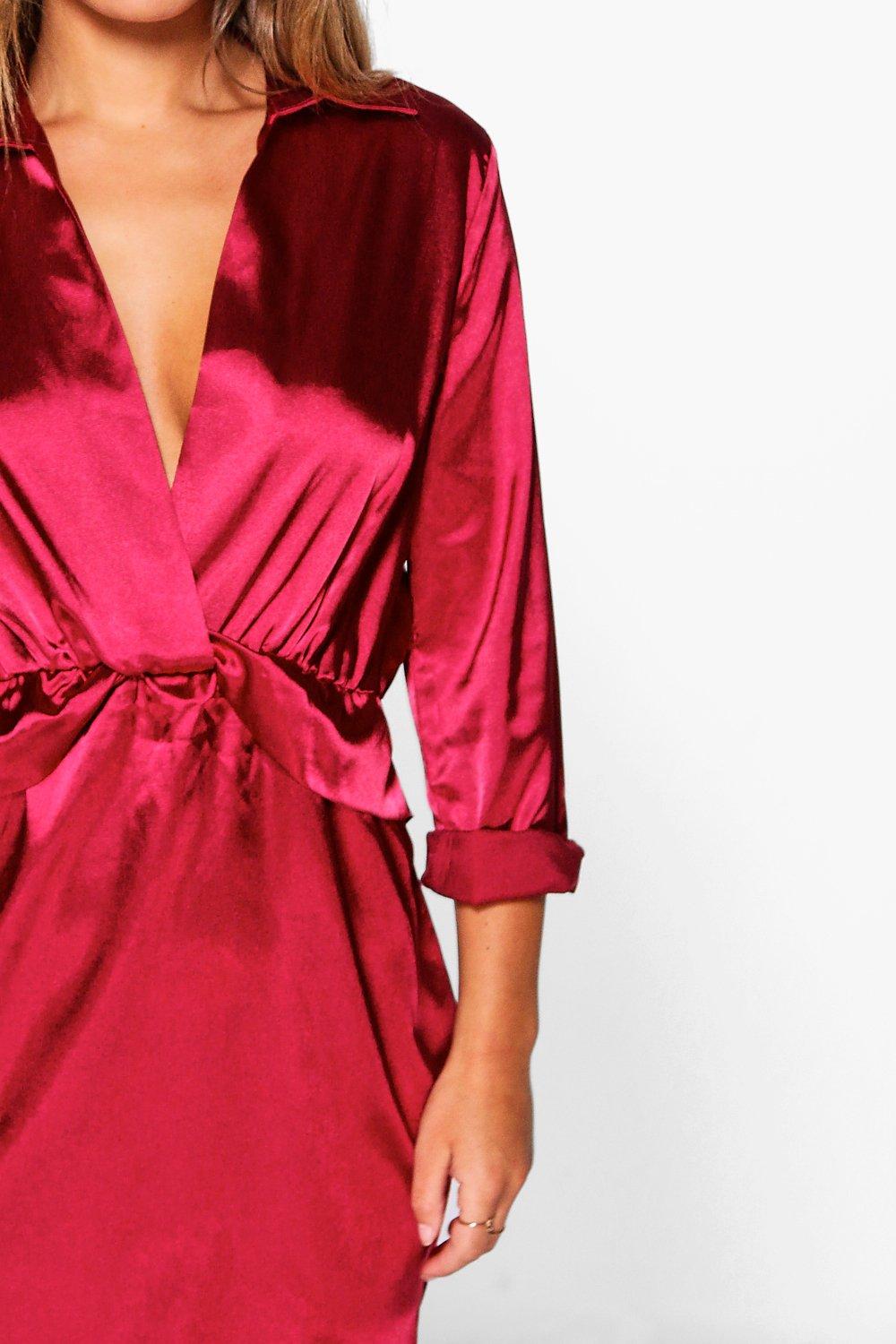 Boohoo Womens Petite Clara Knot Front Satin Shirt Dress eBay