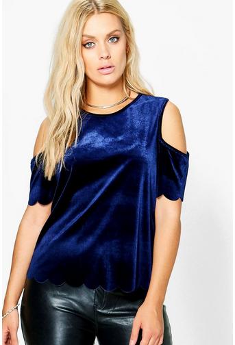 Plus Taylor Scallop Sleeve And Hem Velvet Top