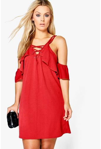 Plus Julia Lace Up Ruffle Cold Shoulder Swing Dress