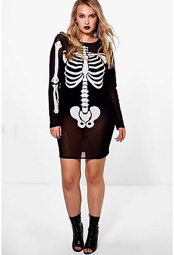Plus Sophia Mesh Skeleton Print Halloween Bodycon