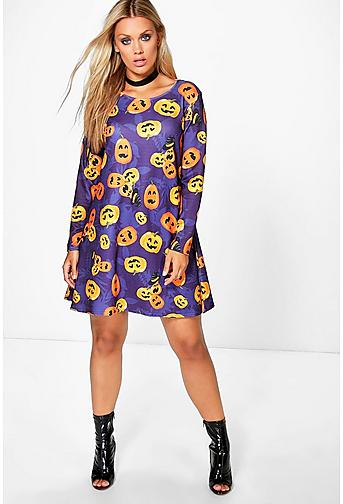 Plus Jenna Pumpkin Print Halloween Swing Dress
