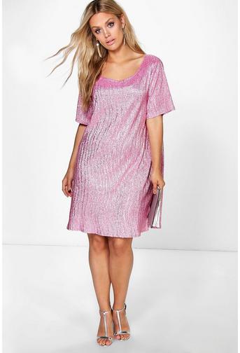 Plus Claire Crinkle Foil Pleat Shift Dress