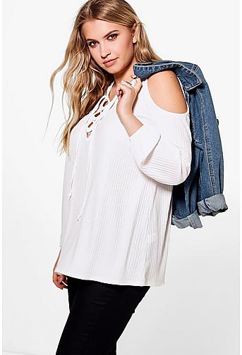 Plus Gemma Lace Up Rib Cold Shoulder Knitted Top