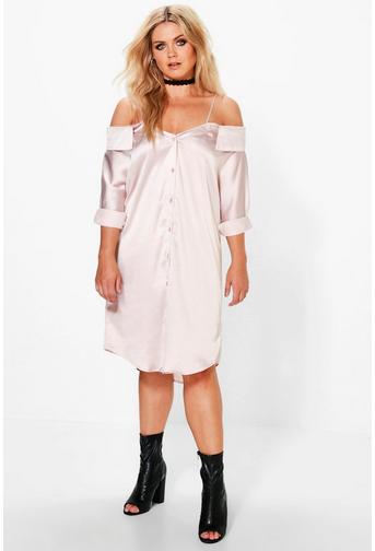 Plus Dottie Cold Shoulder Satin Shirt Dress