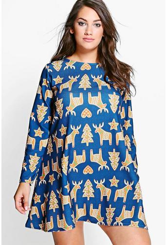 Plus Leanne Reindeer Novelty Printed Swing Dress