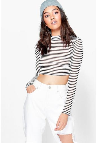 Petite Emily Metallic Stripe Knit Turtleneck Crop Top