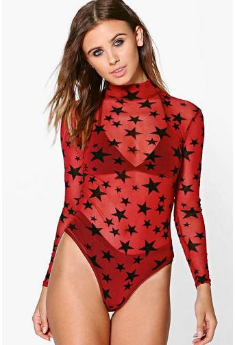 Petite Marie Star Flock Mesh Turtleneck Body