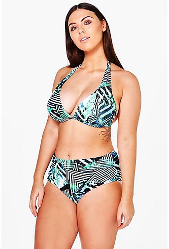 Plus April Geometric Stripe Print High Waist Bikini