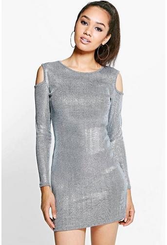 Petite Emily Cold Shoulder Metallic Rib Dress