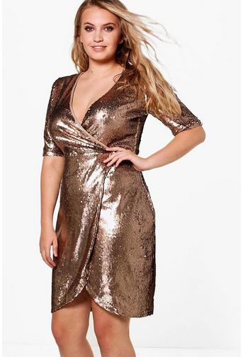 Plus Grace Wrap 3/4 Sleeve Sequin Dress