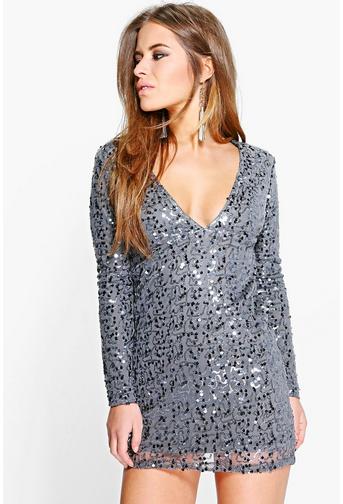 Petite Violet Deep Plunge Sequin Bodycon Dress