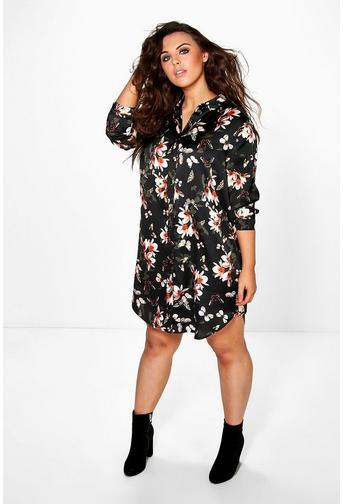 Plus Amie Floral Satin Shirt Dress