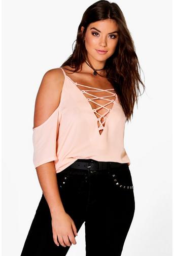 Plus Jennie Lace Up Open Shoulder Blouse