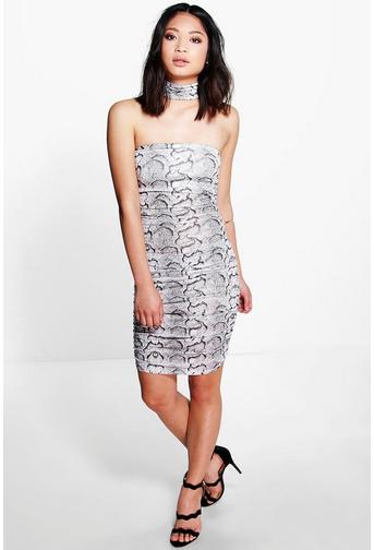 Petite Kara High Neck Snake Print Bodycon Dress