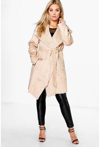 Plus Ria Boutique Faux Fur Suedette Belted Coat