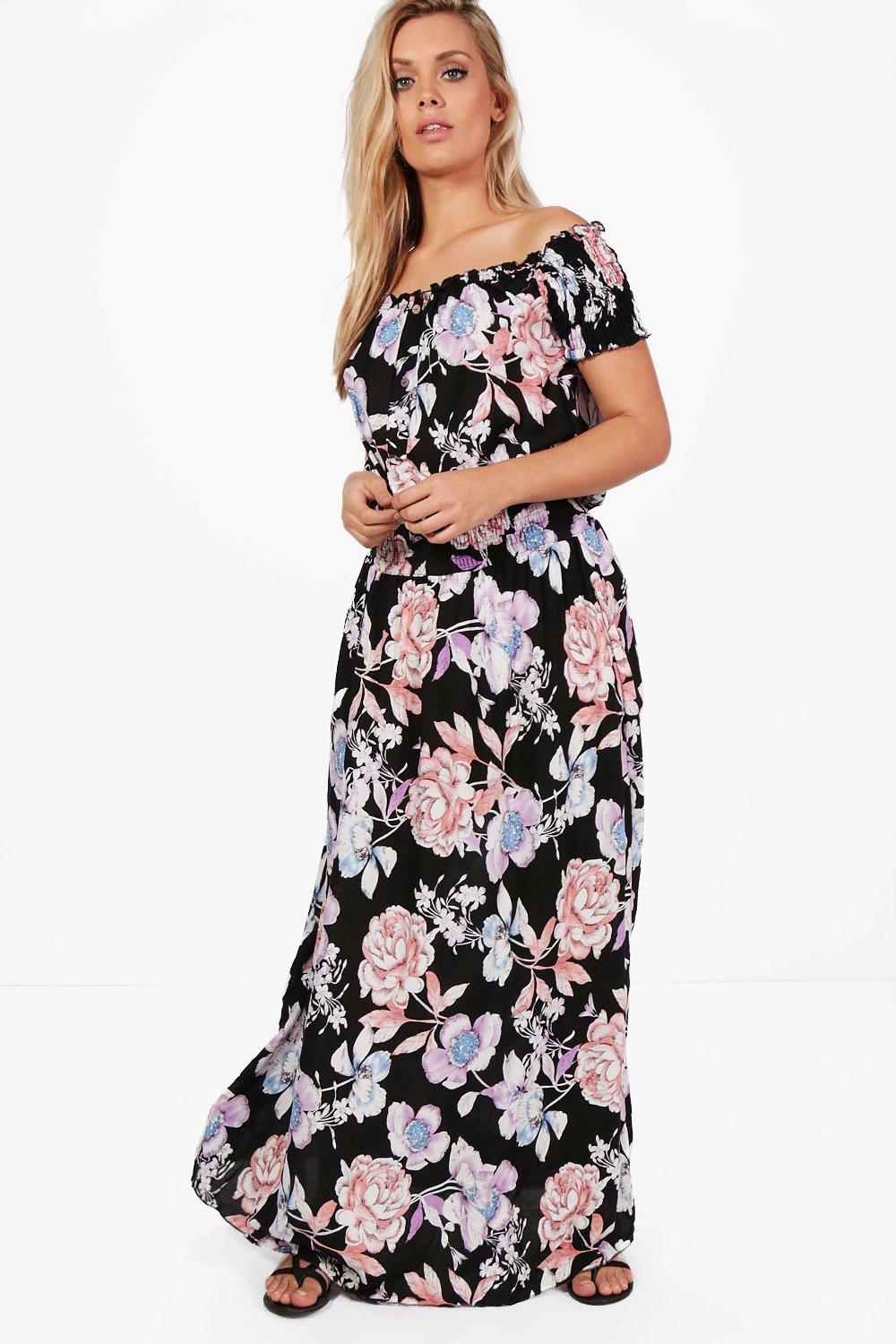 Boohoo Womens Plus Helen Floral Off The Shoulder Maxi Dress Ebay