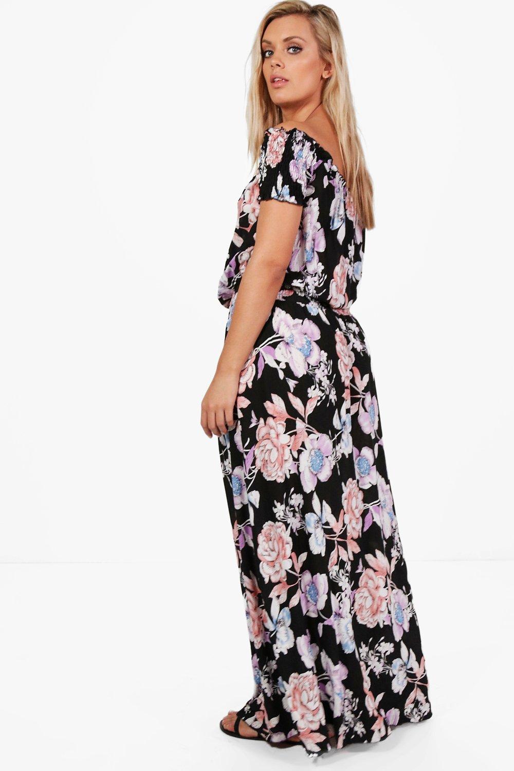 Boohoo Womens Plus Helen Floral Off The Shoulder Maxi Dress 