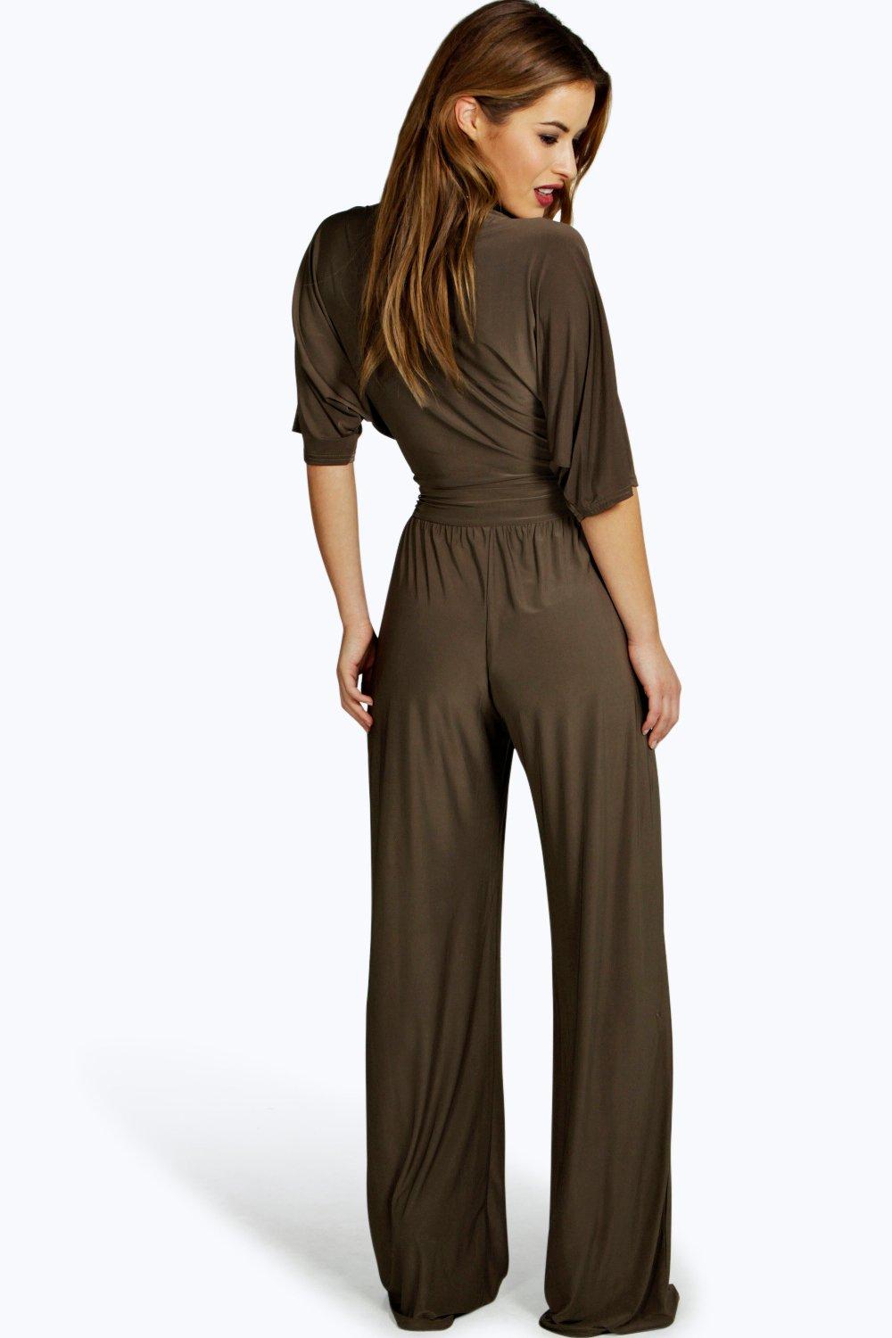 Boohoo Womens Petite Elle Wrap Front Wide Leg Jumpsuit eBay