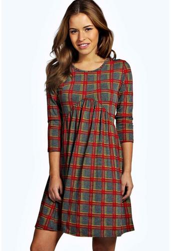 Petite Lydia 3/4 Sleeve Check Print Babydoll Dress