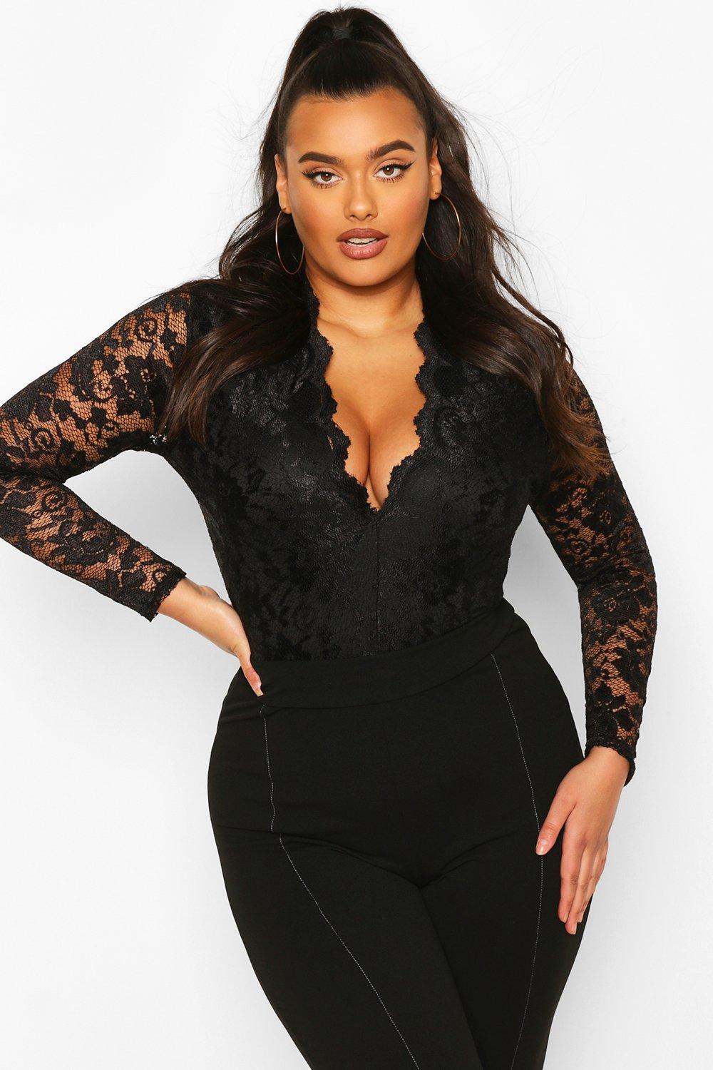 Boohoo Womens Plus Molly Lace Long Sleeved Bodysuit 0997