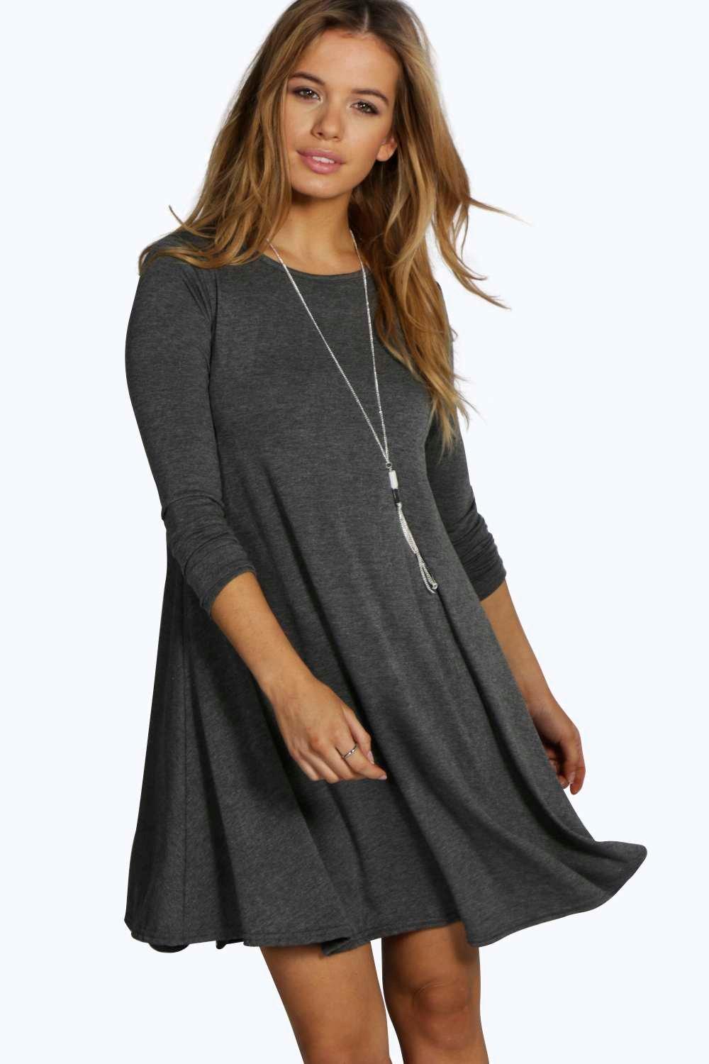 Boohoo Womens Petite April Scoop Neck Long Sleeve Swing Dress | eBay