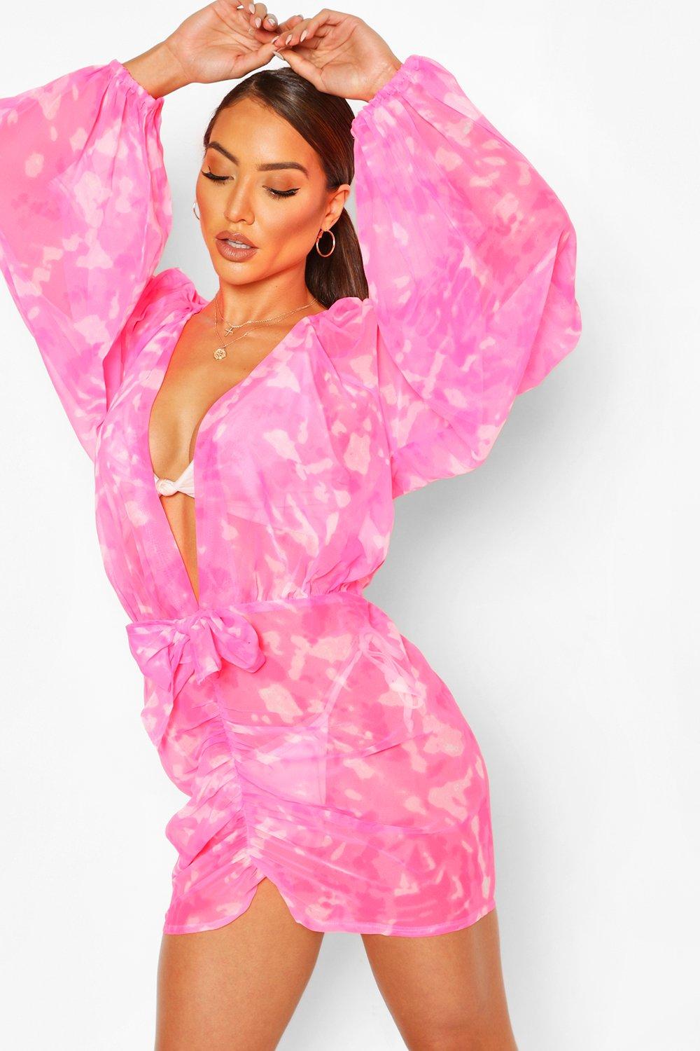 boohoo Womens Balloon Sleeve Tie Dye Plunge Beach Dress - Pink - 10, Pink