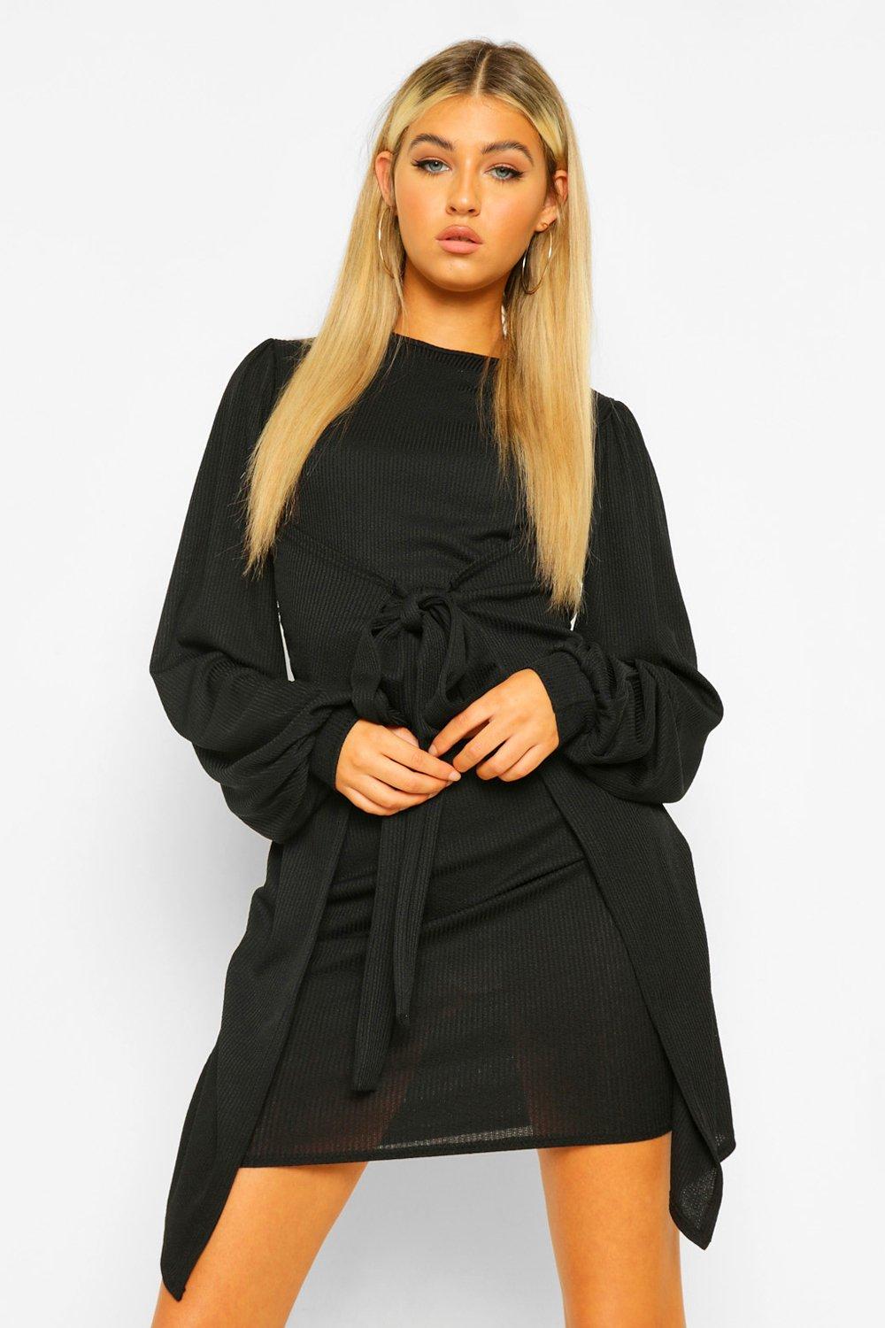boohoo Womens Tall Tie Waist Balloon Sleeve Mini Dress - Black - 12, Black,Cream,Brown