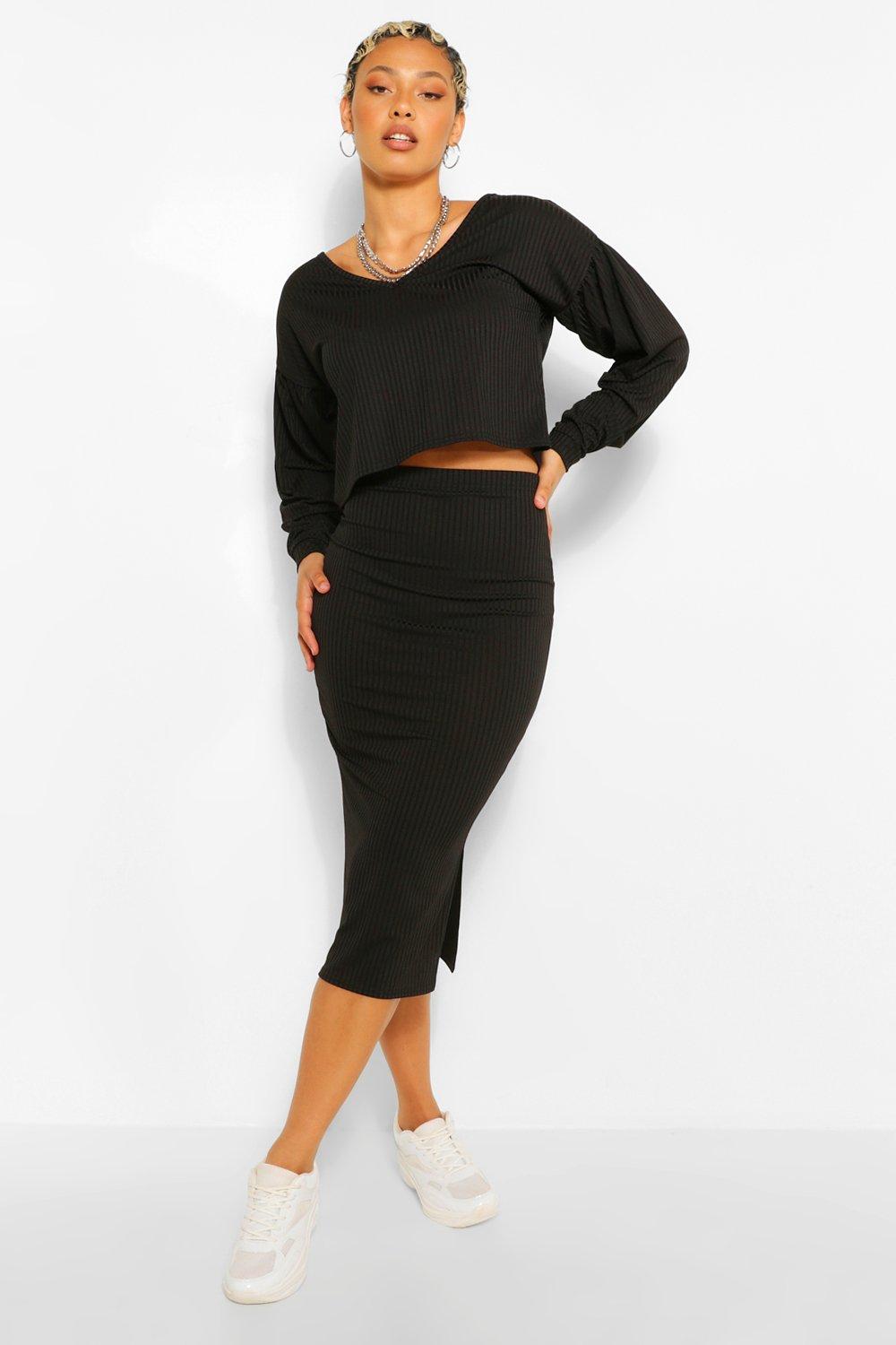 boohoo Womens Tall Balloon Sleeve Top And Midi Skirt Set - Black - 8, Black