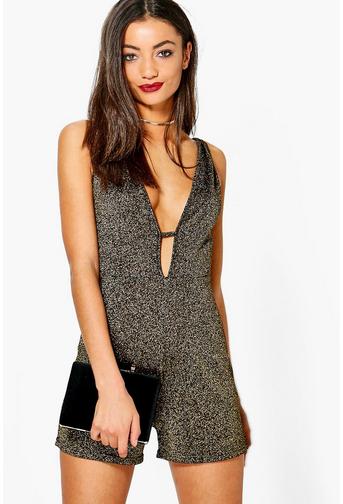 Tall Penelope Deep Plunge Metallic Playsuit