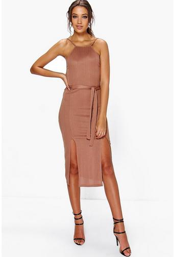 Tall Katy Ribbed Tie Waist Front Split Dress