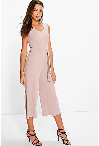 Tall Naomi Ribbed Tie Front Culotte Jumpsuit