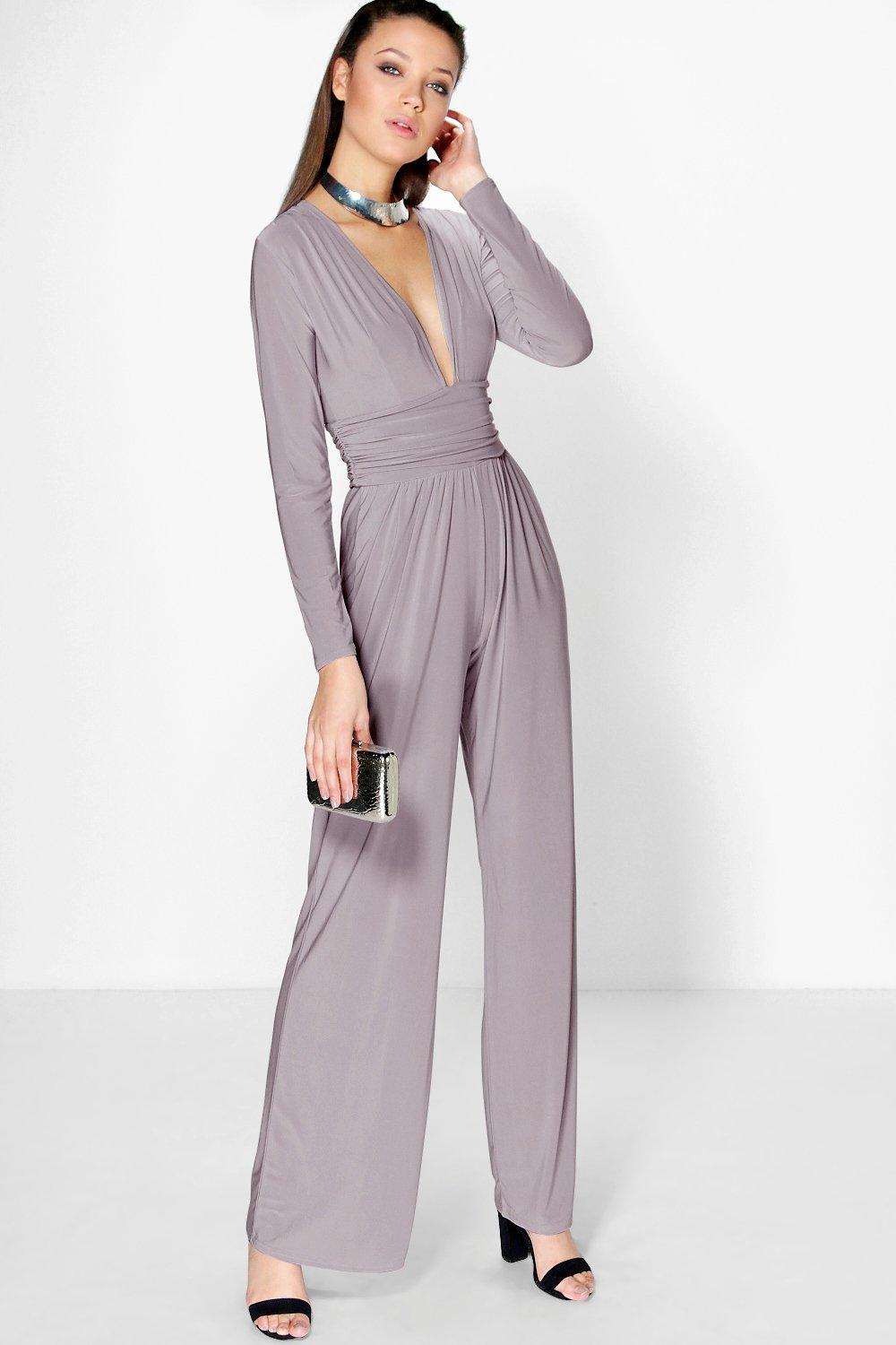 Boohoo Womens Tall Elsa Plunge Slinky Wide Leg Jumpsuit Ebay