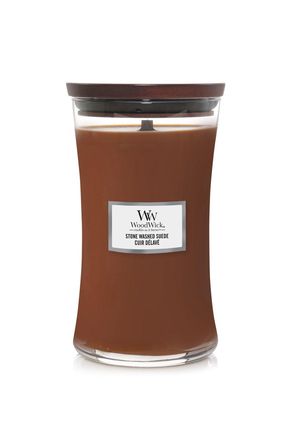 Woodwick Large Hourglass Stonewashed Suede Candle|brown