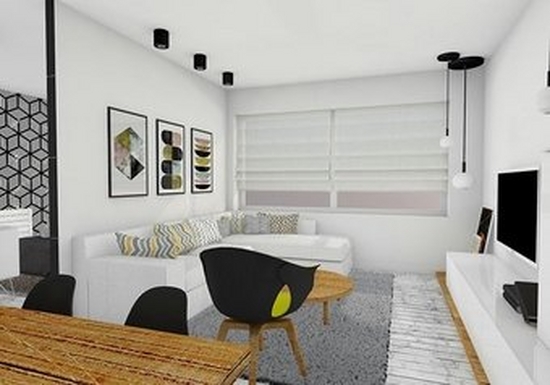 Living room with white sofa and walls