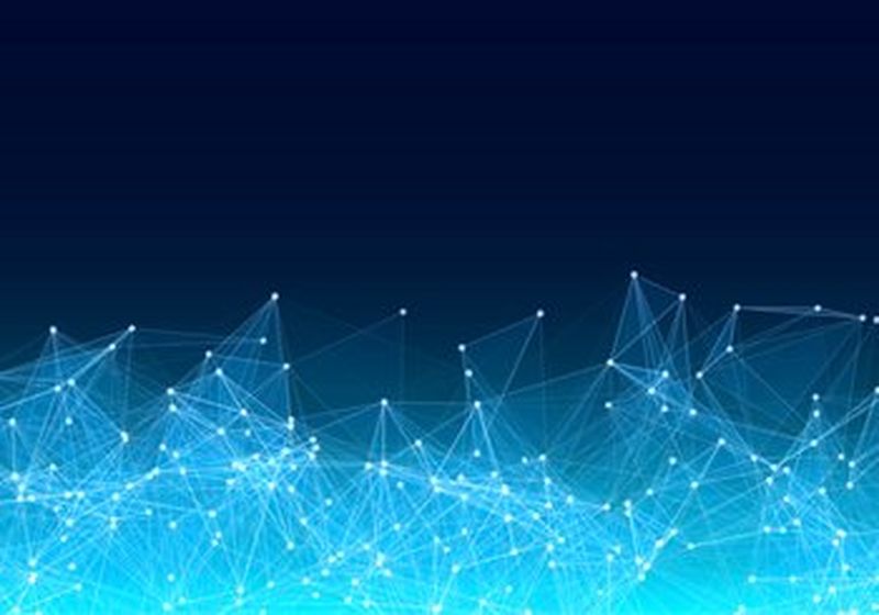 A dark blue abstract futuristic digital landscape with light blue lines dots and stars on horizon.