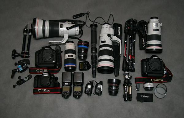 Andrey Golovanov's kit including two Canon EOS-1D X Mark II bodies, several Canon lenses and Speedlite flashes.