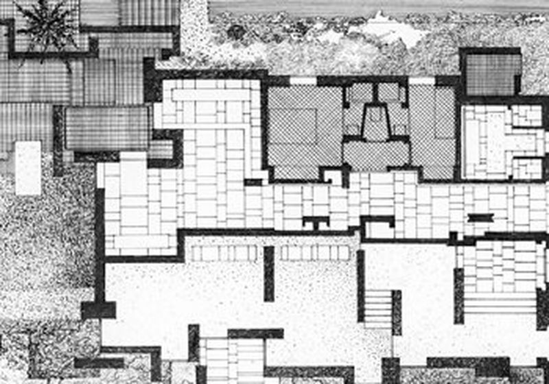 A black and white aerial architects’ illustration of a building, rendered with different thicknesses of lines to denote outer and inner walls shaped of squares and rectangles. It also uses a cross-hatching illustrative technique to show differing usage areas. Around the outside are lightly drawn aerial views of trees and foliage, including details of branches.