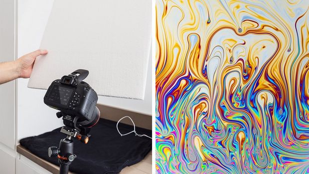 A camera set up to photograph a desk (left). Swirling multicoloured patterns of soap in water (right). 