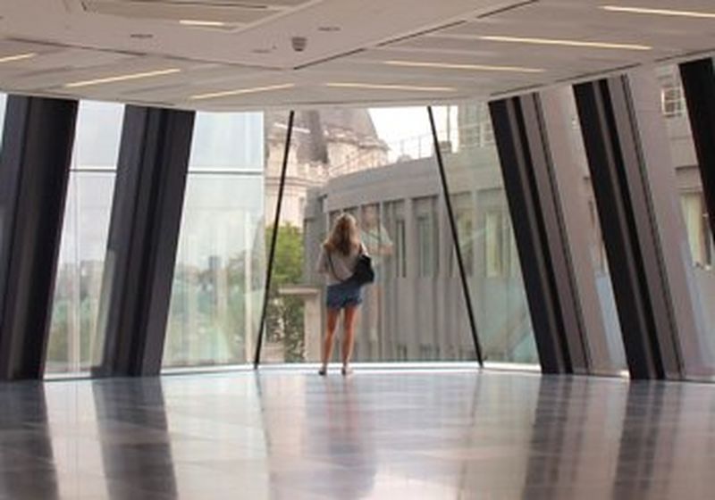 A woman with her back to the camera, standing on the floor of a glass office building