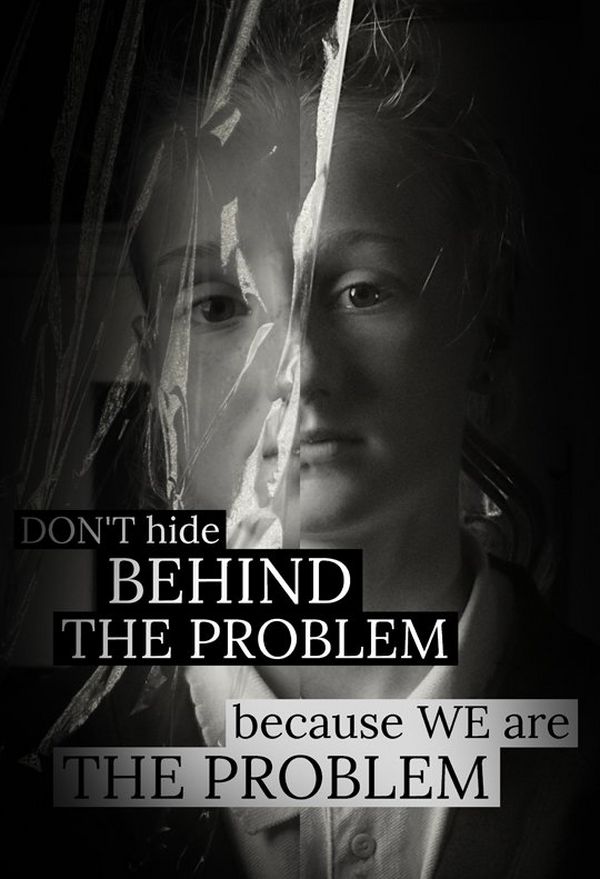 A campaign poster showing a child’s face, partially covered with plastic, captioned: Don’t hide behind the problem because we are the problem.